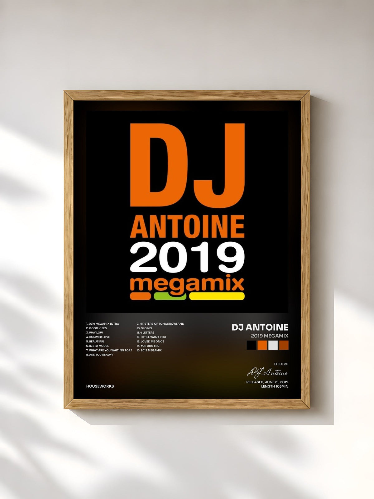 #bois Tableau de l'album 2019 Megamix de DJ Antoine, cadre en bois brut, imprimé et encadré en France