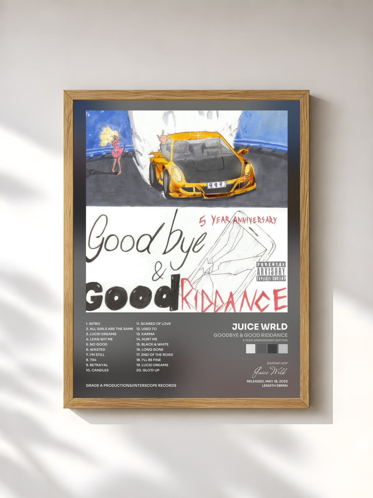 #bois Tableau de l'album Goodbye & Good Riddance (5 Year Anniversary Edition) de Juice Wrld, cadre en bois brut, imprimé et encadré en France