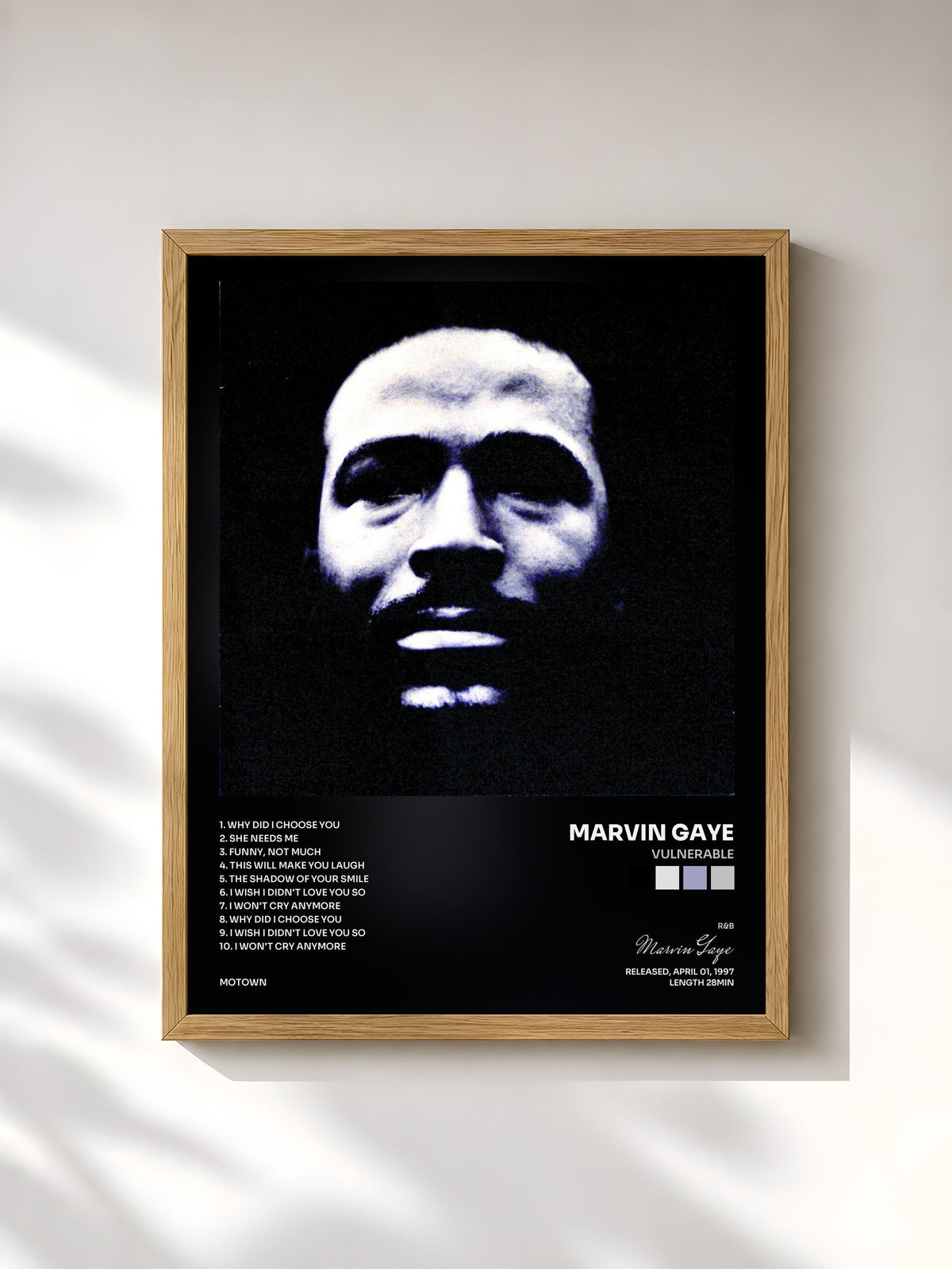 #bois Tableau de l'album Vulnerable de Marvin Gaye, cadre en bois brut, imprimé et encadré en France