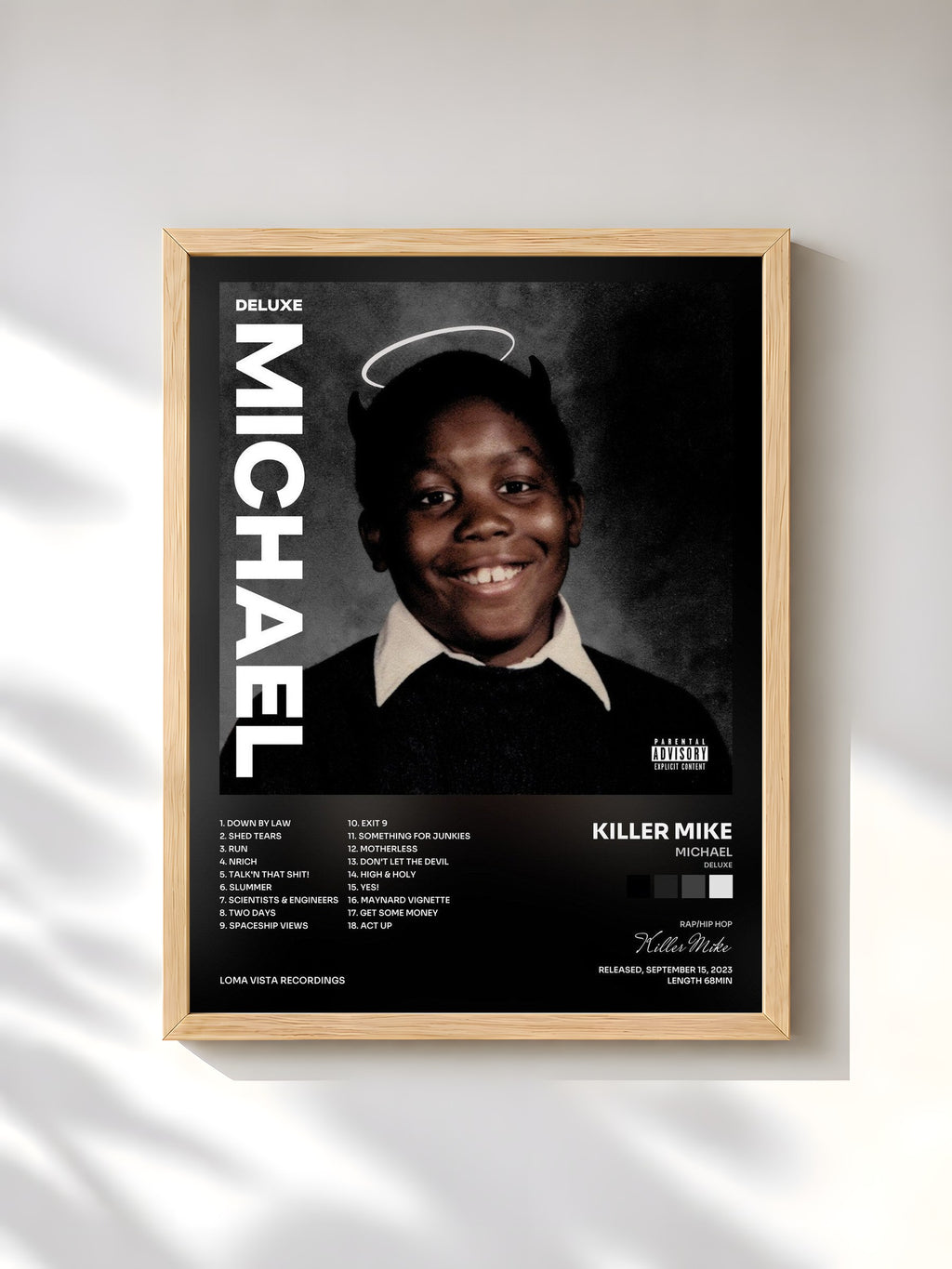 #bois Tableau de l'album MICHAEL (Deluxe) de Killer Mike, cadre en bois brut, imprimé et encadré en France
