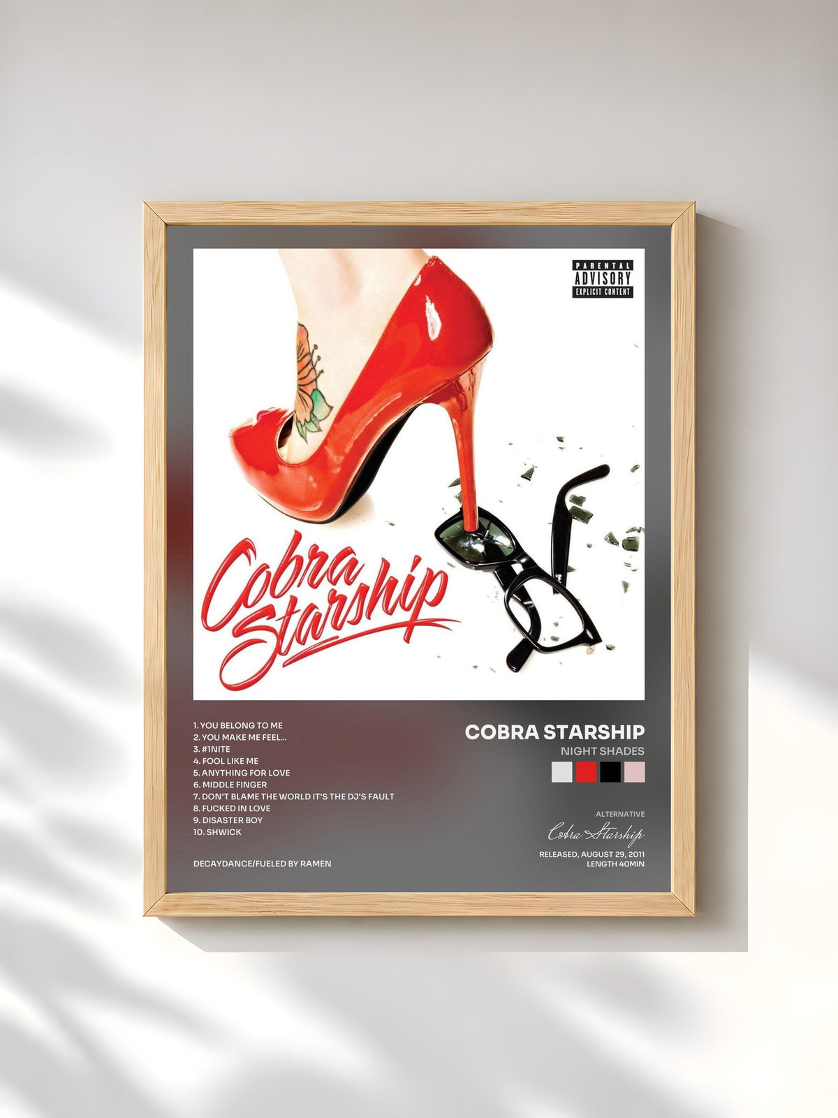 #bois Tableau de l'album Night Shades de Cobra Starship, cadre en bois brut, imprimé et encadré en France