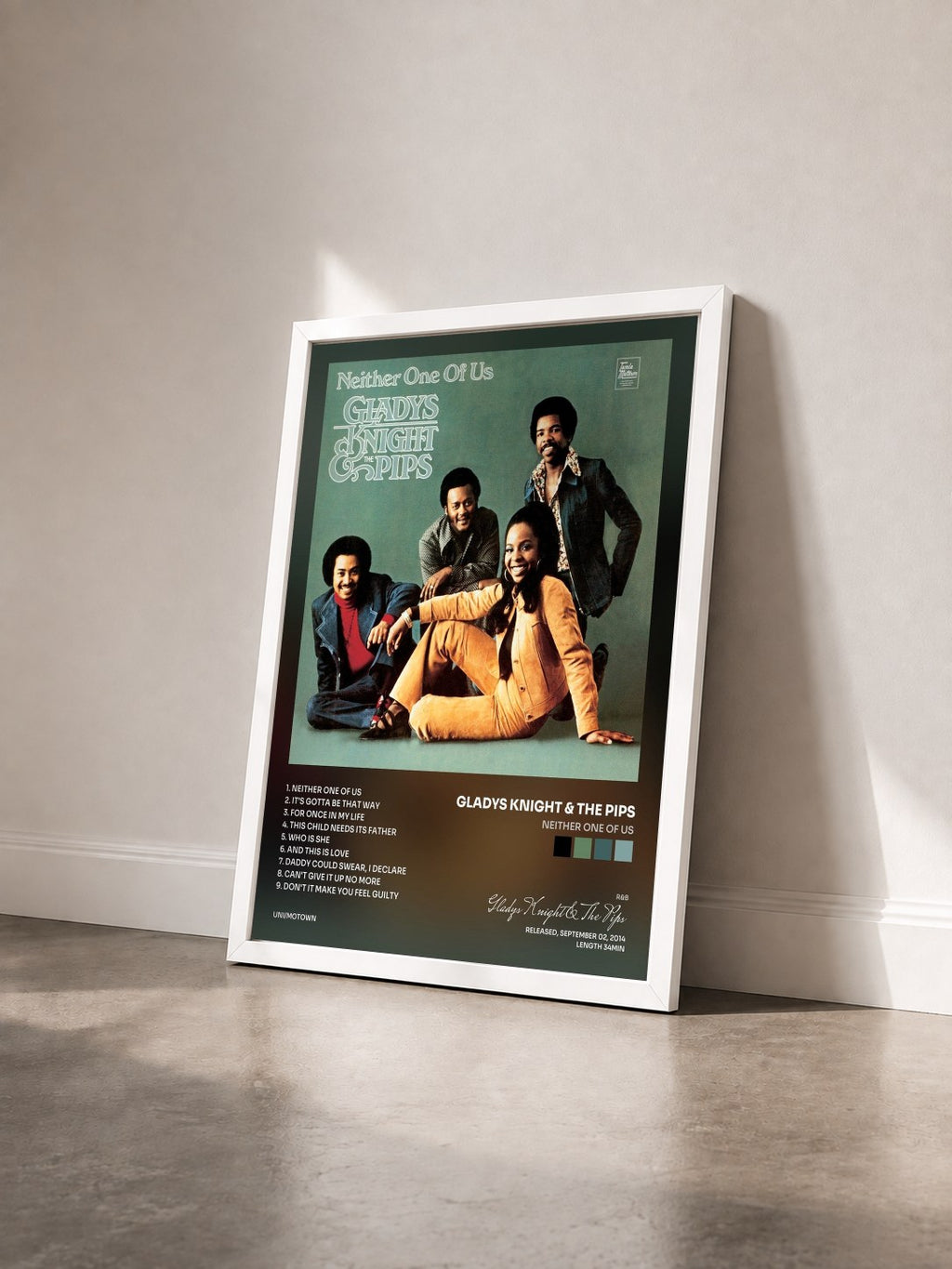 #blanc Tableau de l'album Neither One Of Us de Gladys Knight & The Pips vu de trois quarts, cadre blanc