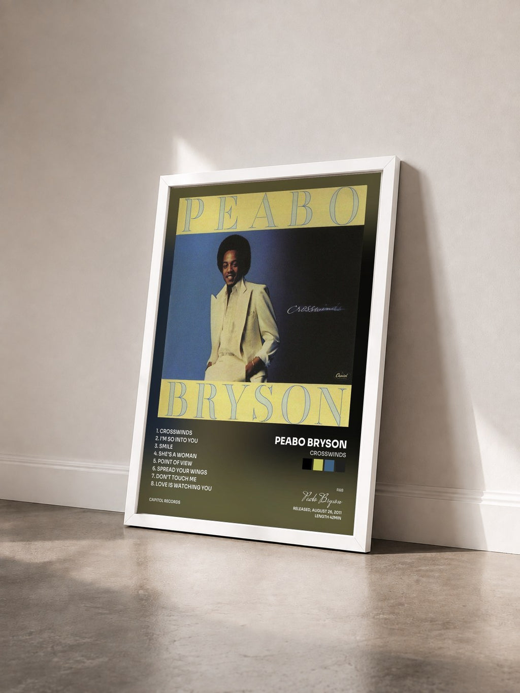 #blanc Tableau de l'album Crosswinds de Peabo Bryson vu de trois quarts, cadre blanc