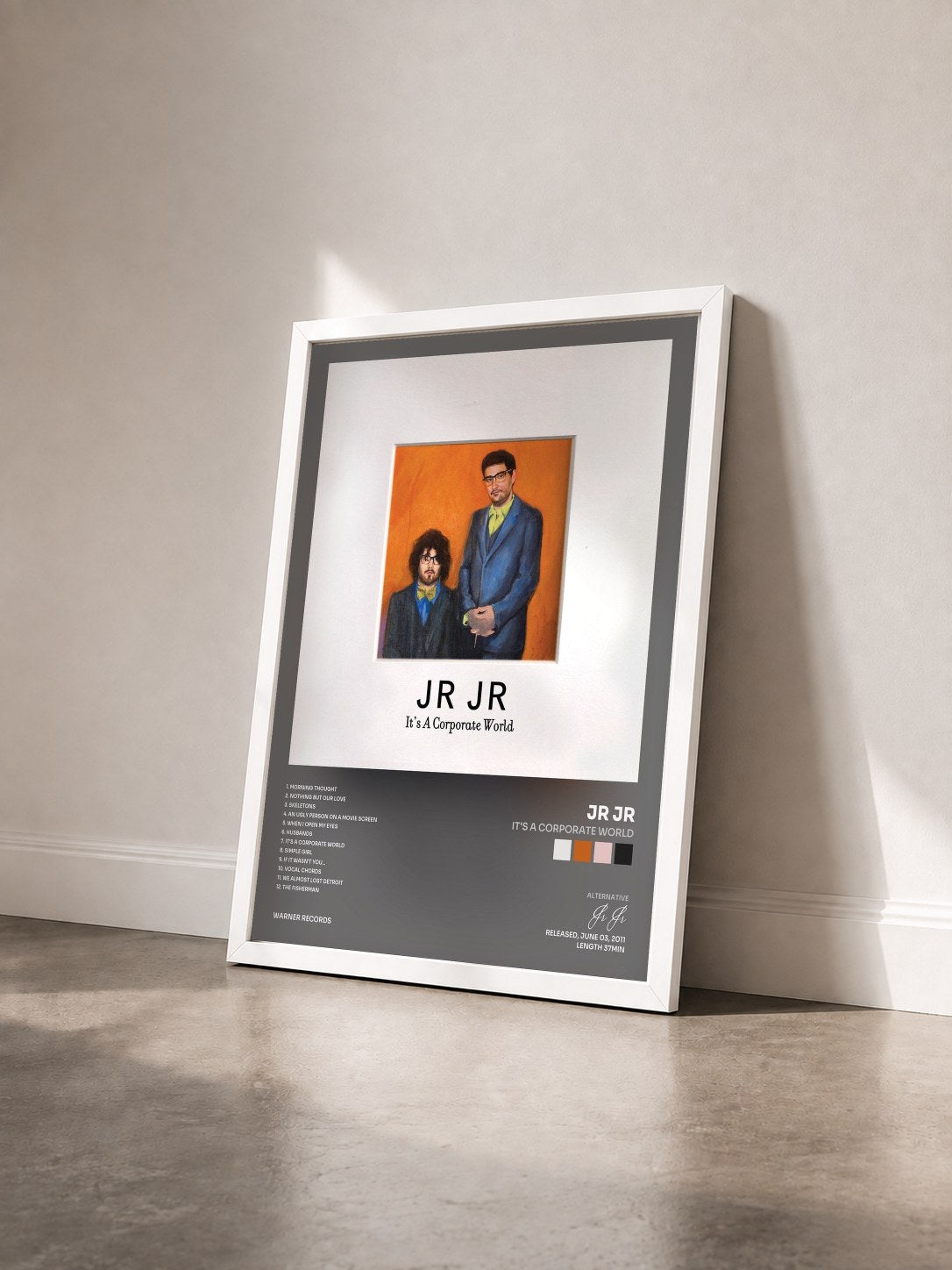 #blanc Tableau de l'album It's a Corporate World de Jr Jr vu de trois quarts, cadre blanc