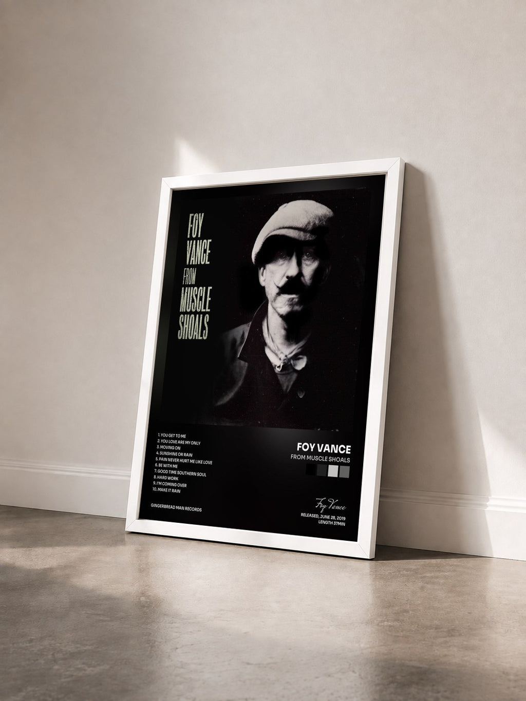 #blanc Tableau de l'album From Muscle Shoals de Foy Vance vu de trois quarts, cadre blanc