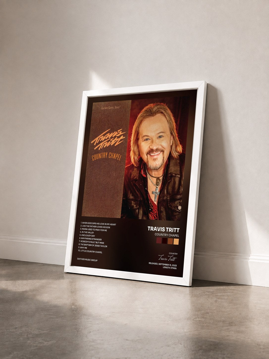 #blanc Tableau de l'album Country Chapel de Travis Tritt vu de trois quarts, cadre blanc