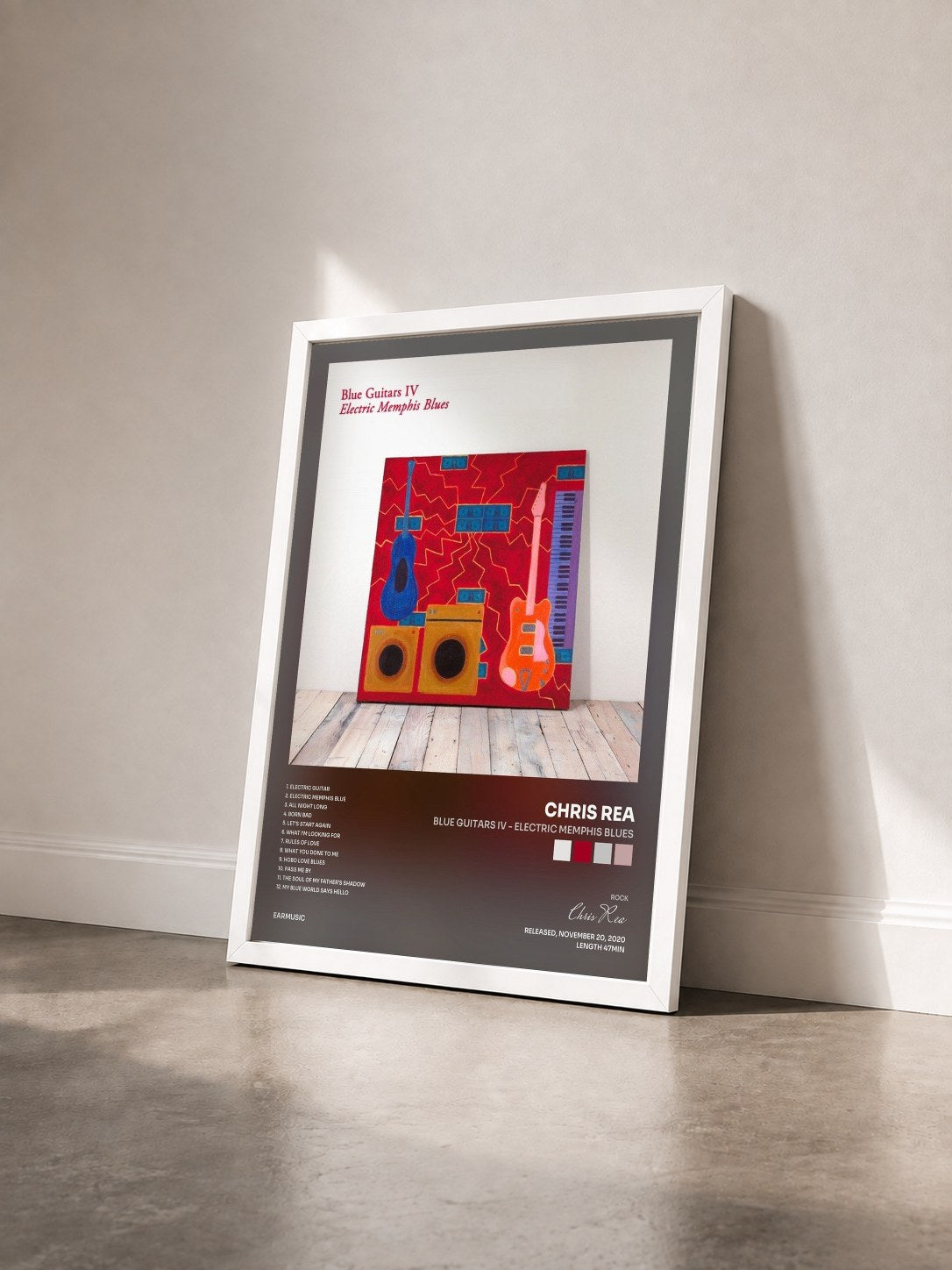#blanc Tableau de l'album Blue Guitars IV - Electric Memphis Blues de Chris Rea vu de trois quarts, cadre blanc