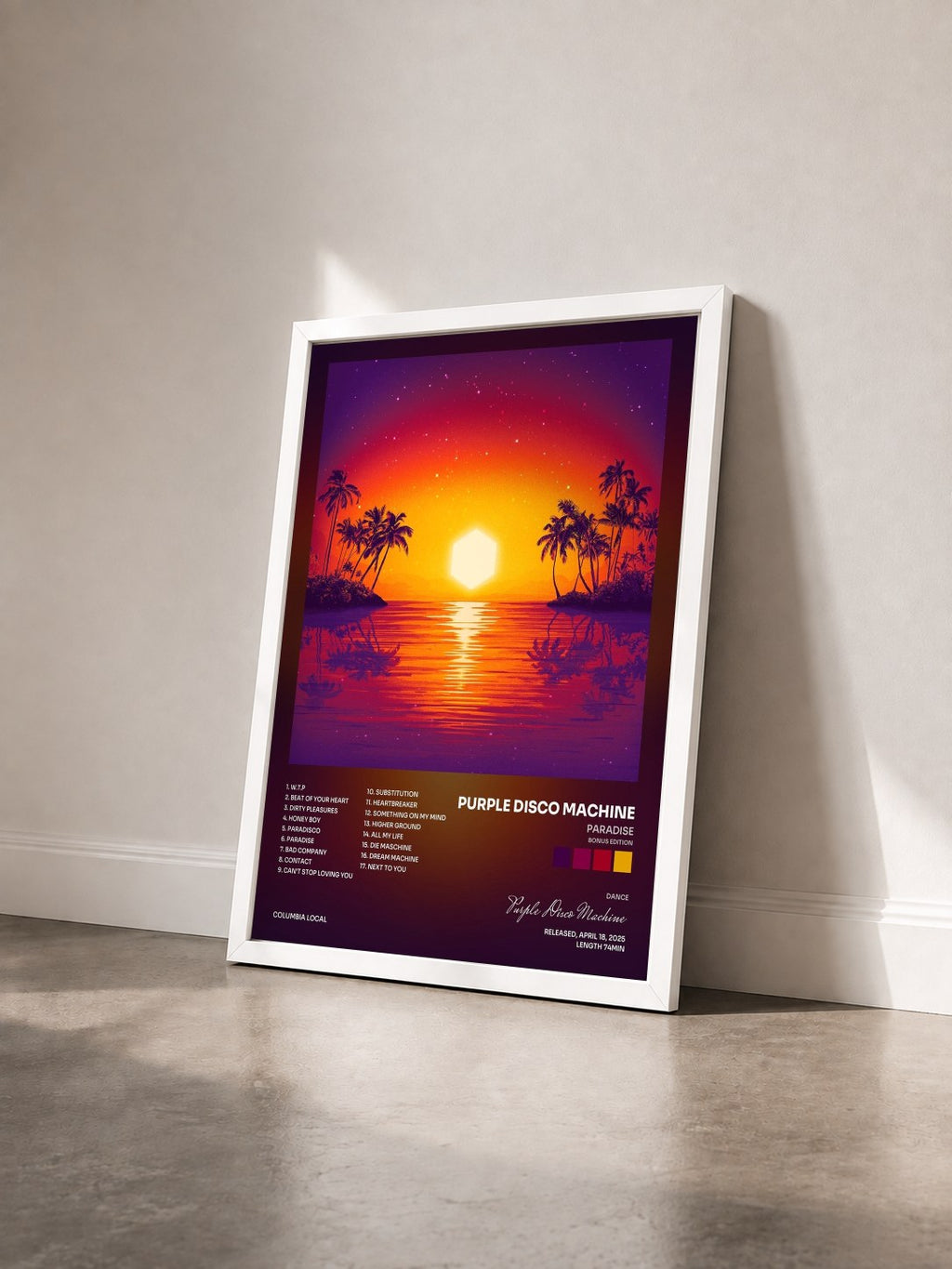 #blanc Tableau de l'album Paradise (Bonus Edition) de Purple Disco Machine vu de trois quarts, cadre blanc