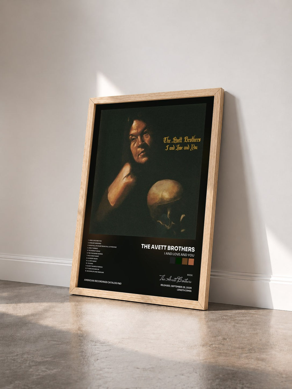 #bois Tableau de l'album I And Love And You de The Avett Brothers vu de trois quarts, cadre en bois brut