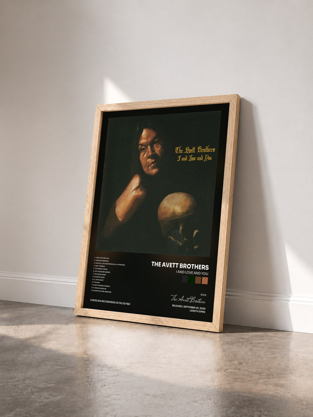 #bois Tableau de l'album I And Love And You de The Avett Brothers vu de trois quarts, cadre en bois brut