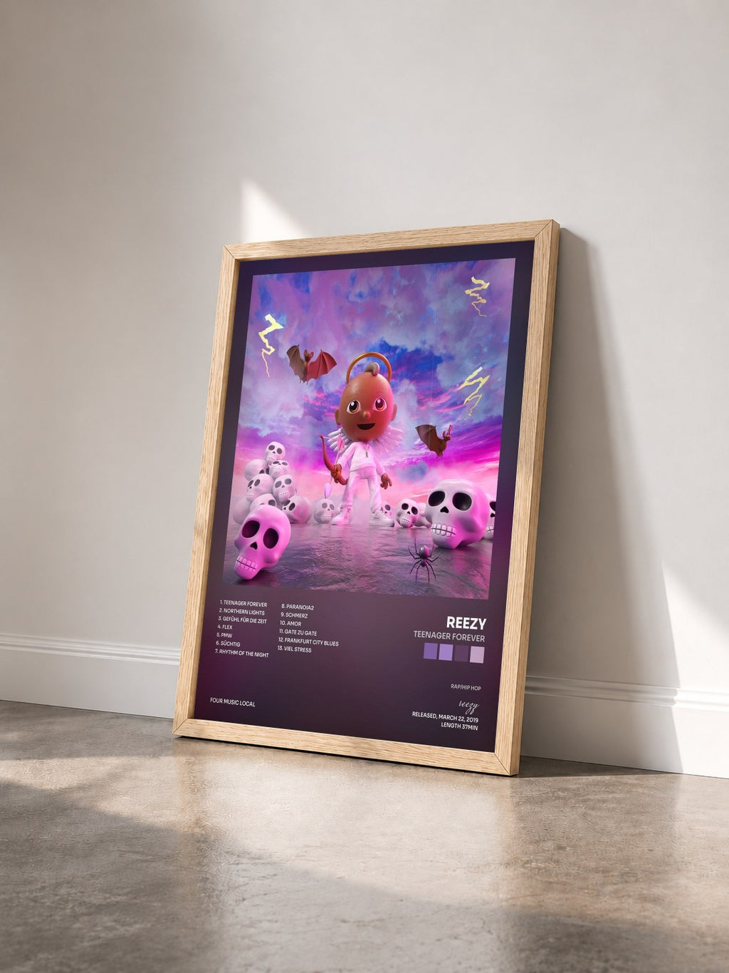 #bois Tableau de l'album TEENAGER FOREVER de reezy vu de trois quarts, cadre en bois brut