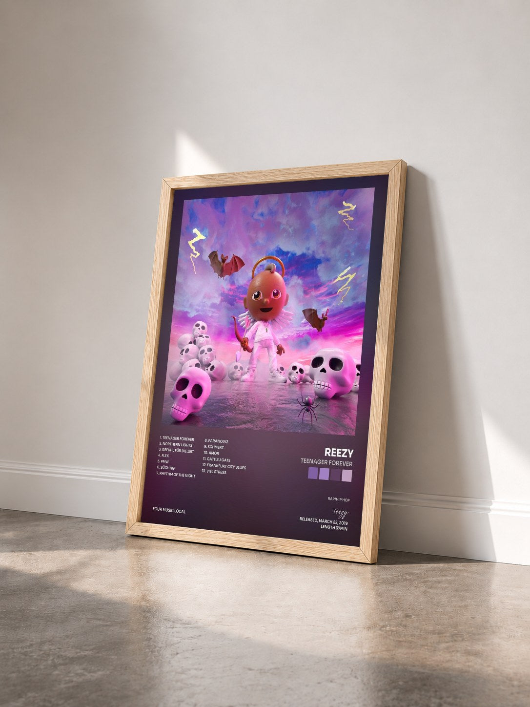 #bois Tableau de l'album TEENAGER FOREVER de reezy vu de trois quarts, cadre en bois brut