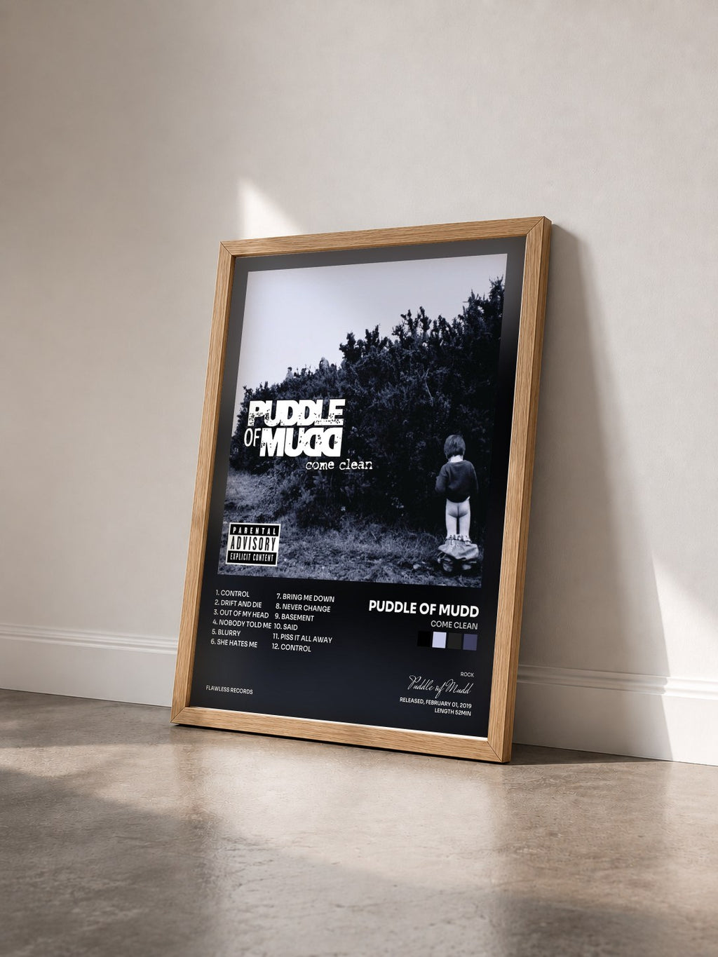 #bois Tableau de l'album Come Clean de Puddle of Mudd vu de trois quarts, cadre en bois brut