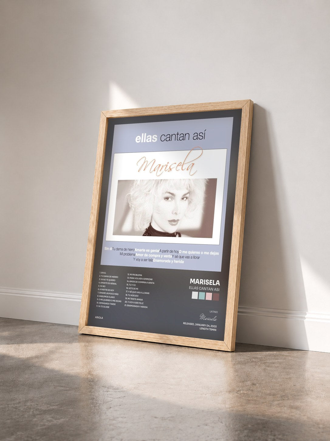 #bois Tableau de l'album Ellas Cantan Asi de Marisela vu de trois quarts, cadre en bois brut