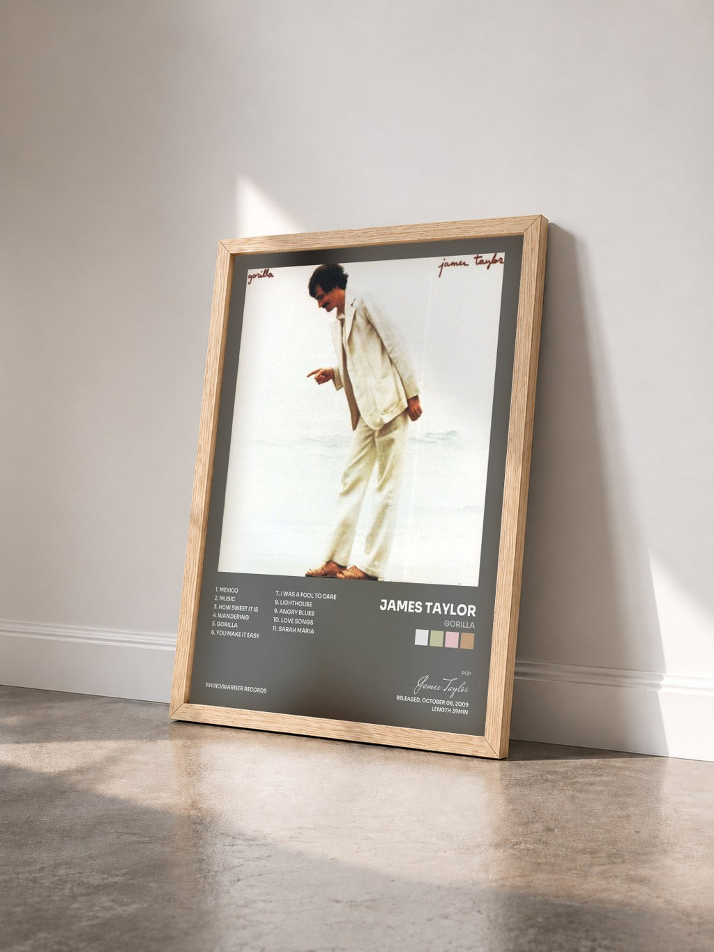 #bois Tableau de l'album Gorilla de James Taylor vu de trois quarts, cadre en bois brut