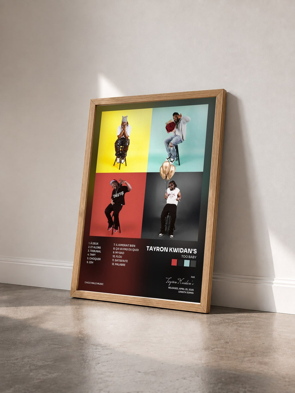 #bois Tableau de l'album TOO BABY de Tayron Kwidan's vu de trois quarts, cadre en bois brut