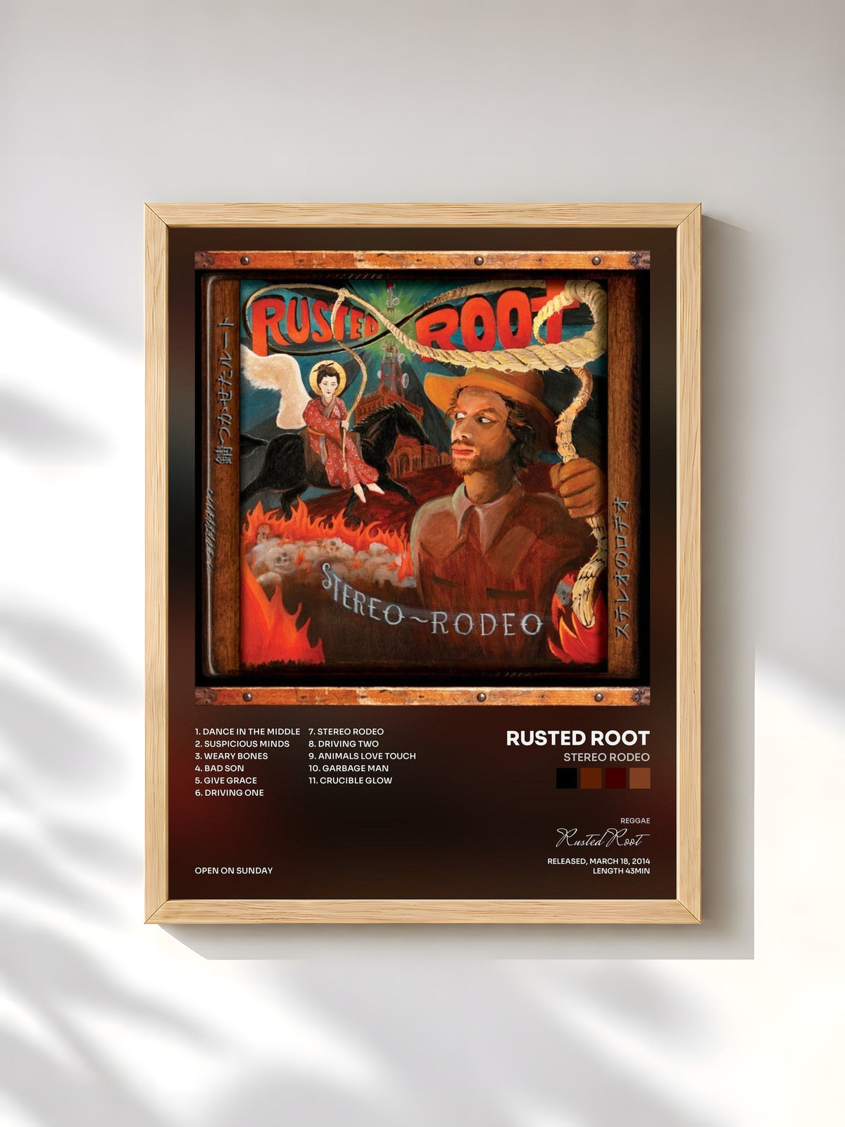 #bois Tableau de l'album Stereo Rodeo de Rusted Root, cadre en bois brut, imprimé et encadré en France
