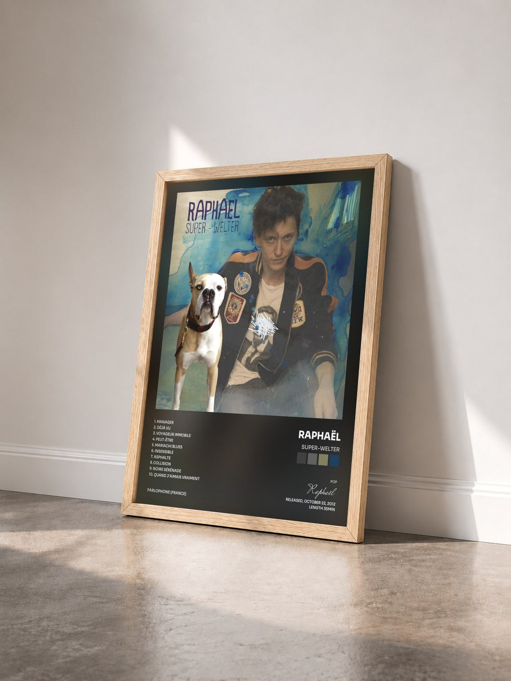 #bois Tableau de l'album Super-Welter de Raphaël vu de trois quarts, cadre en bois brut