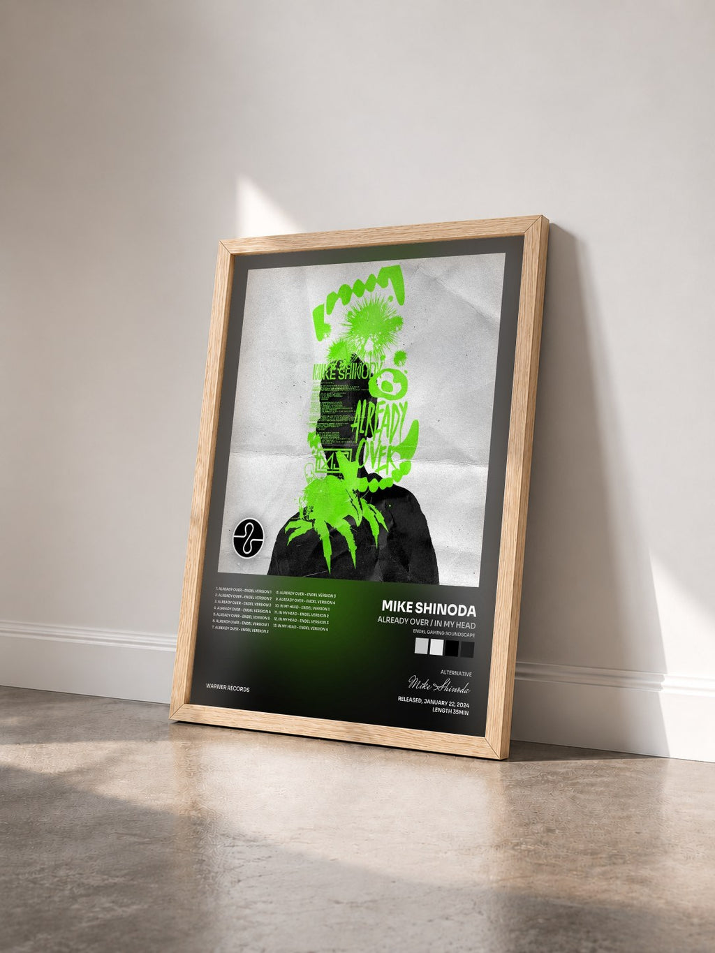 #bois Tableau de l'album Already Over / In My Head (Endel Gaming Soundscape) de Mike Shinoda vu de trois quarts, cadre en bois brut