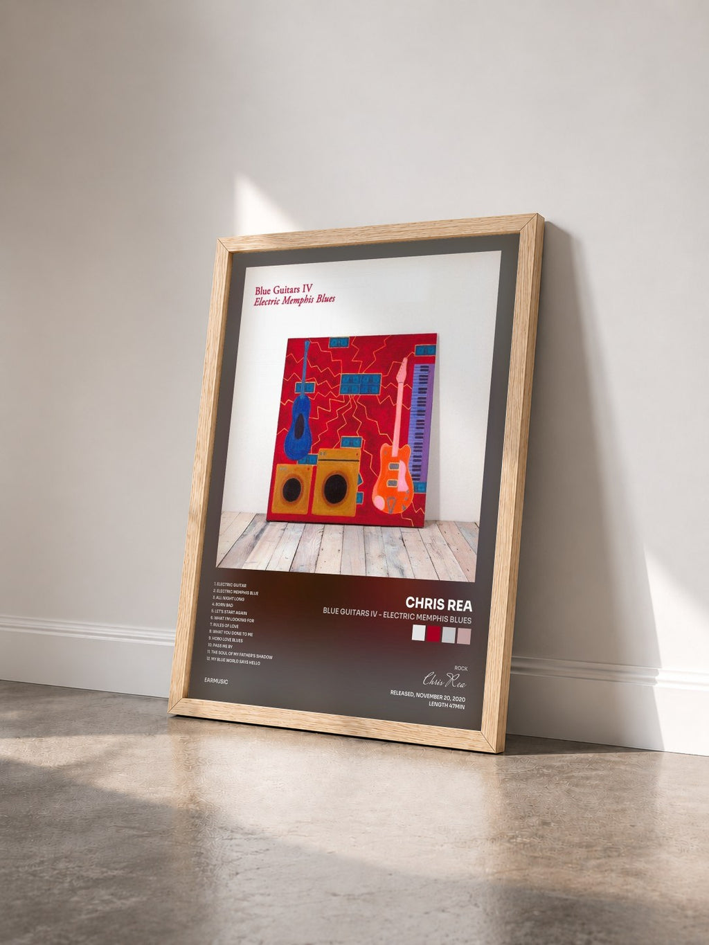#bois Tableau de l'album Blue Guitars IV - Electric Memphis Blues de Chris Rea vu de trois quarts, cadre en bois brut