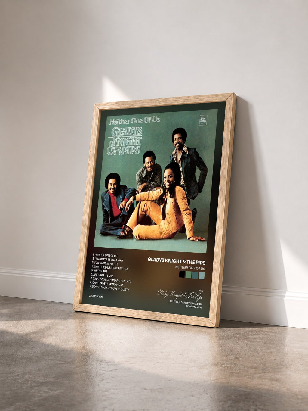 #bois Tableau de l'album Neither One Of Us de Gladys Knight & The Pips vu de trois quarts, cadre en bois brut