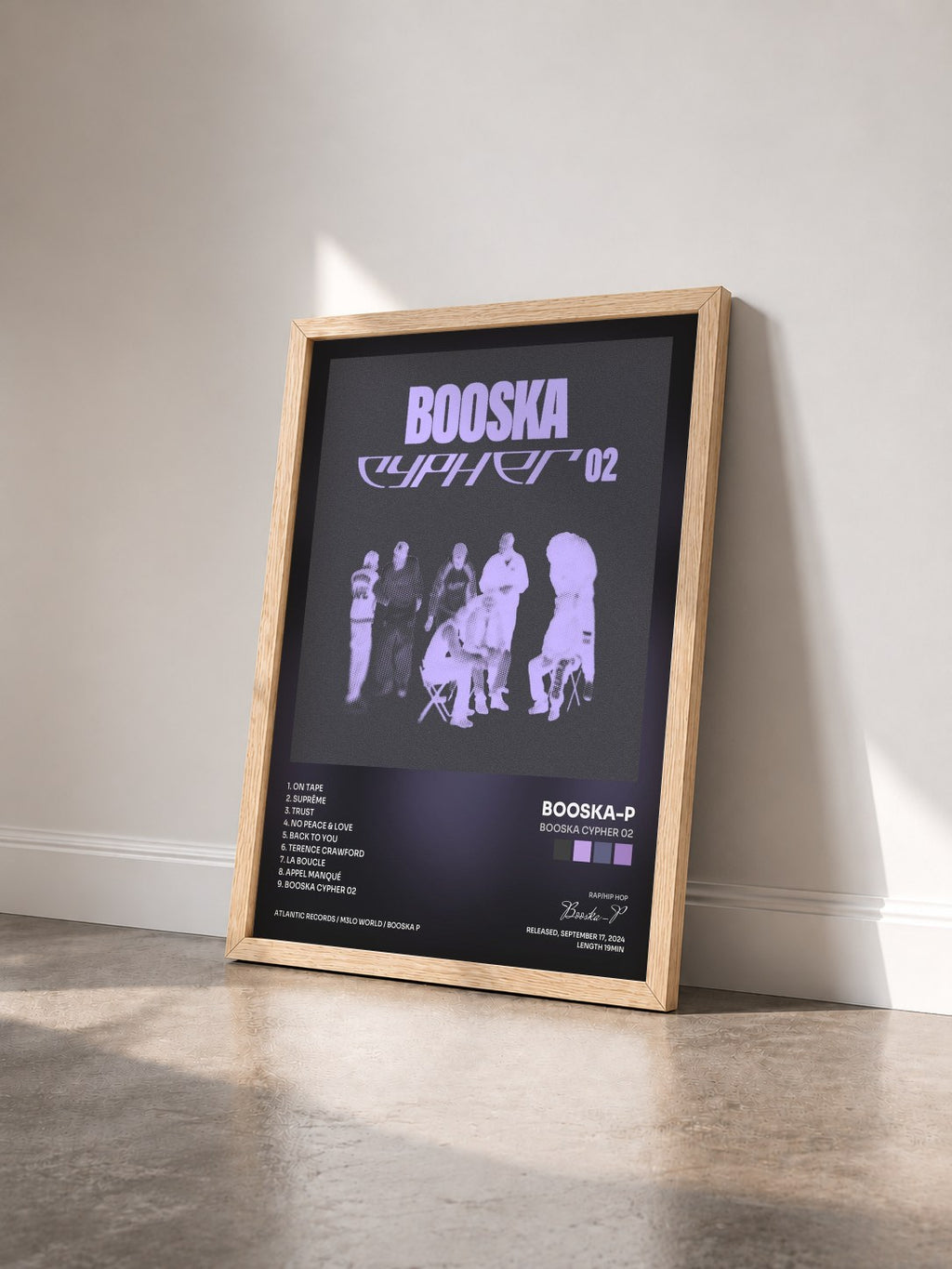 #bois Tableau de l'album BOOSKA CYPHER 02 de Booska-P vu de trois quarts, cadre en bois brut