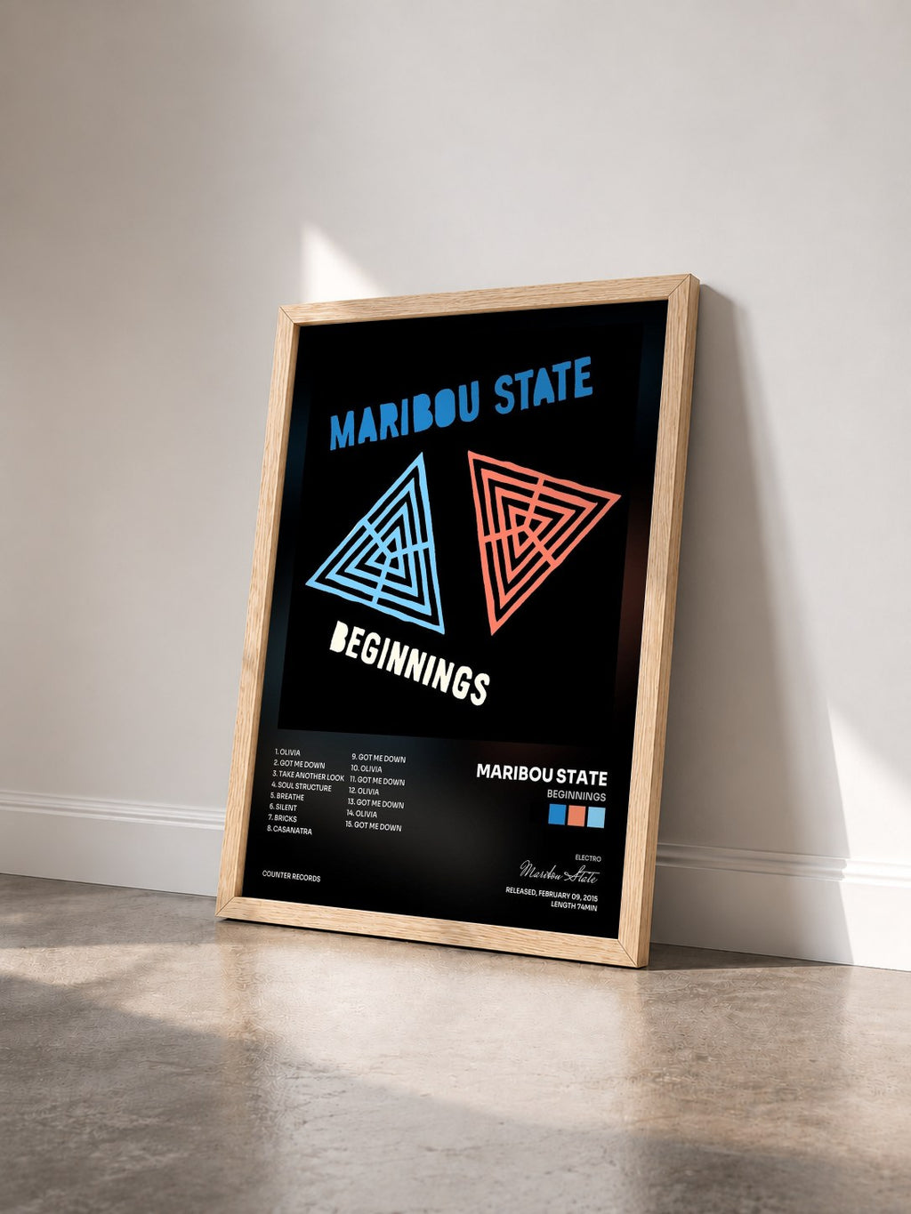 #bois Tableau de l'album Beginnings de Maribou State vu de trois quarts, cadre en bois brut