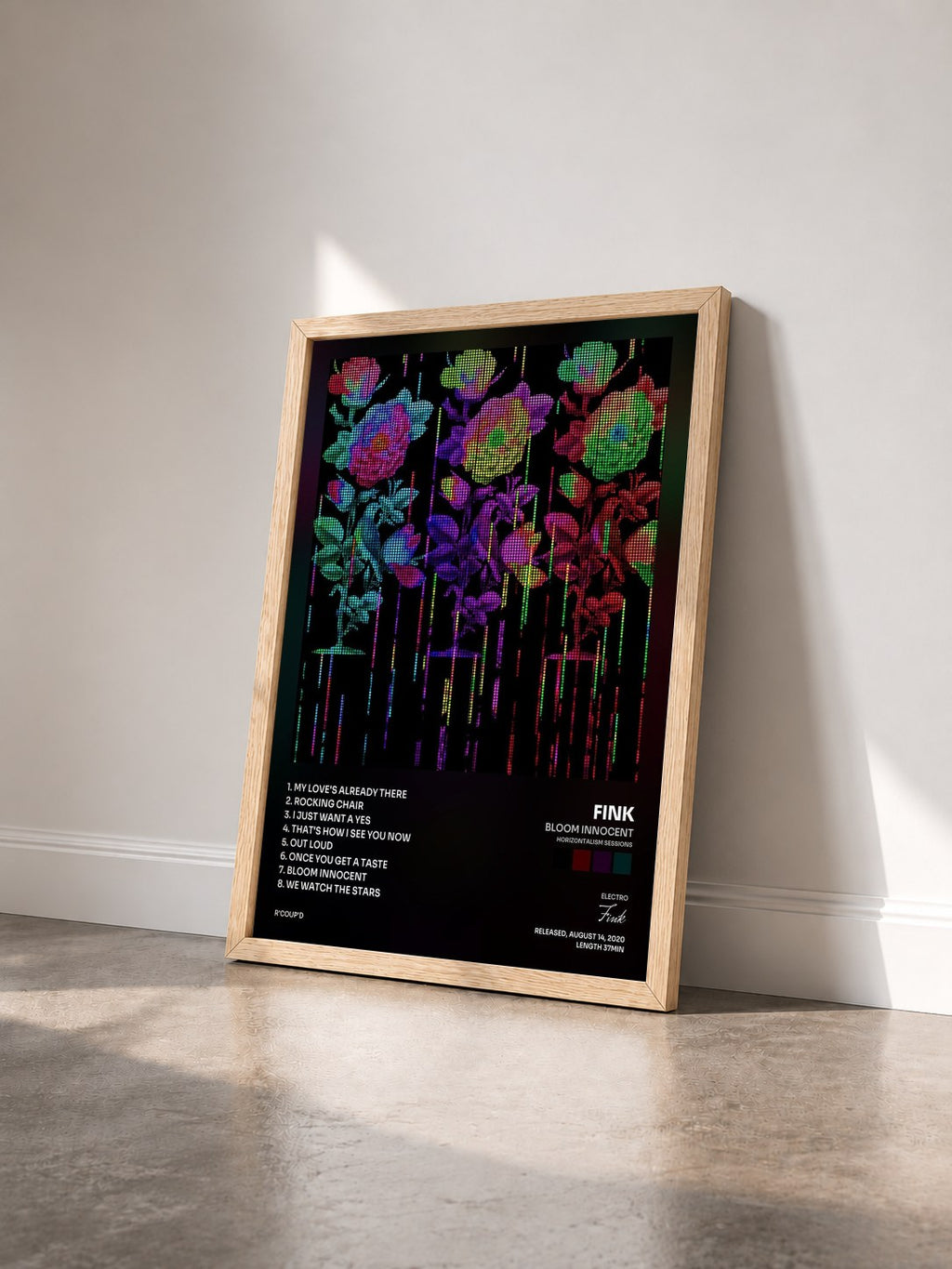 #bois Tableau de l'album Bloom Innocent (Horizontalism Sessions) de Fink vu de trois quarts, cadre en bois brut