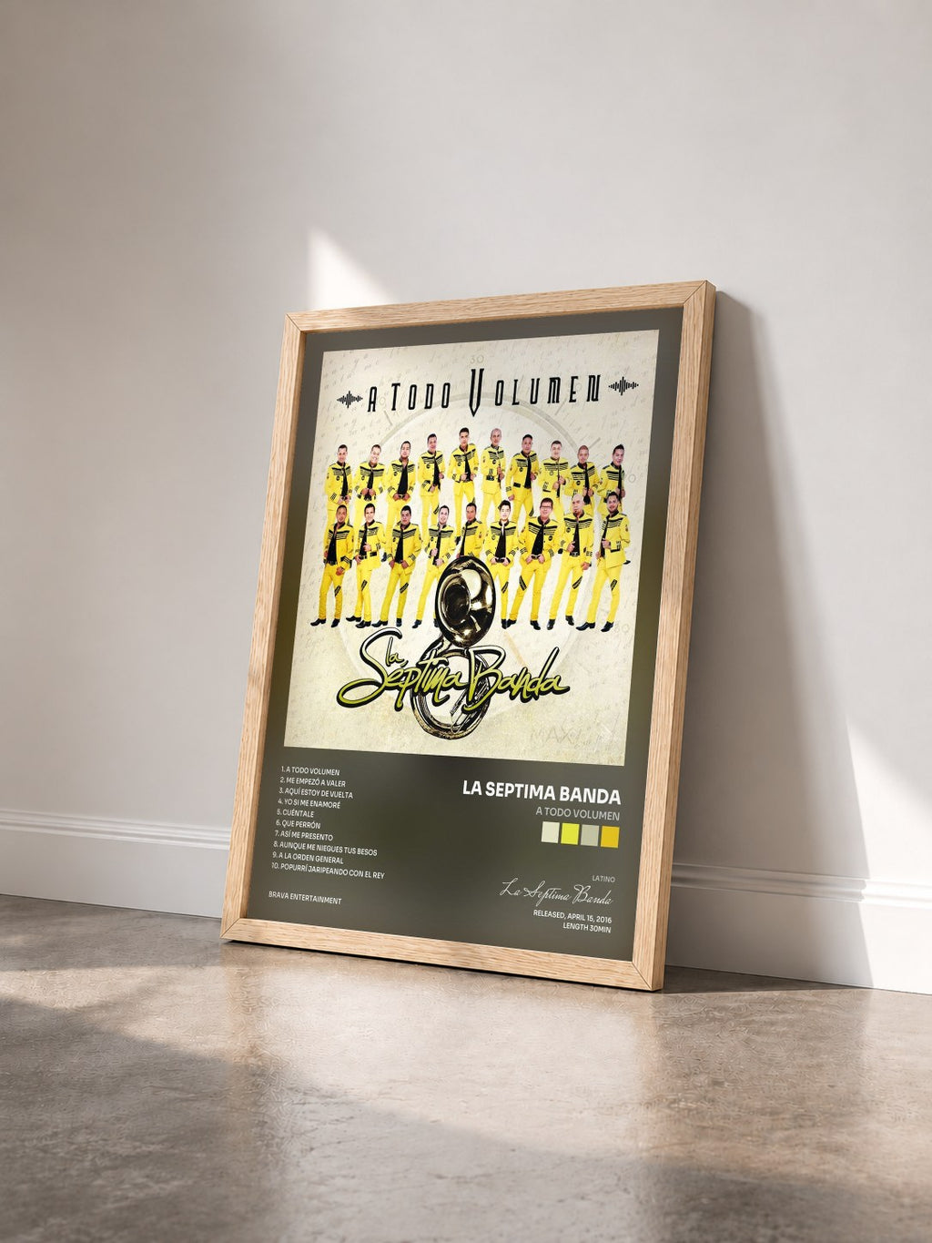 #bois Tableau de l'album A Todo Volumen de La Septima Banda vu de trois quarts, cadre en bois brut