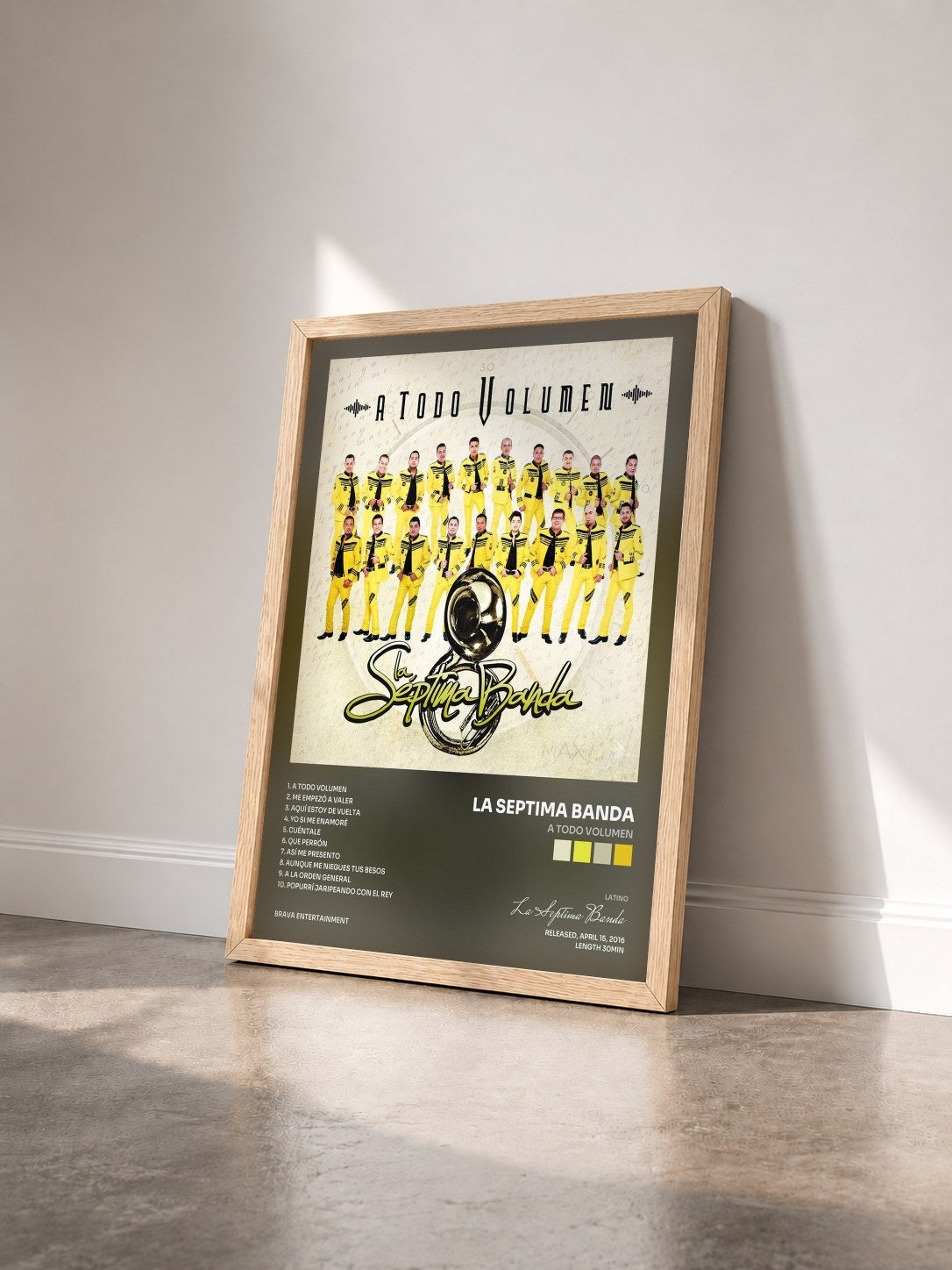 #bois Tableau de l'album A Todo Volumen de La Septima Banda vu de trois quarts, cadre en bois brut