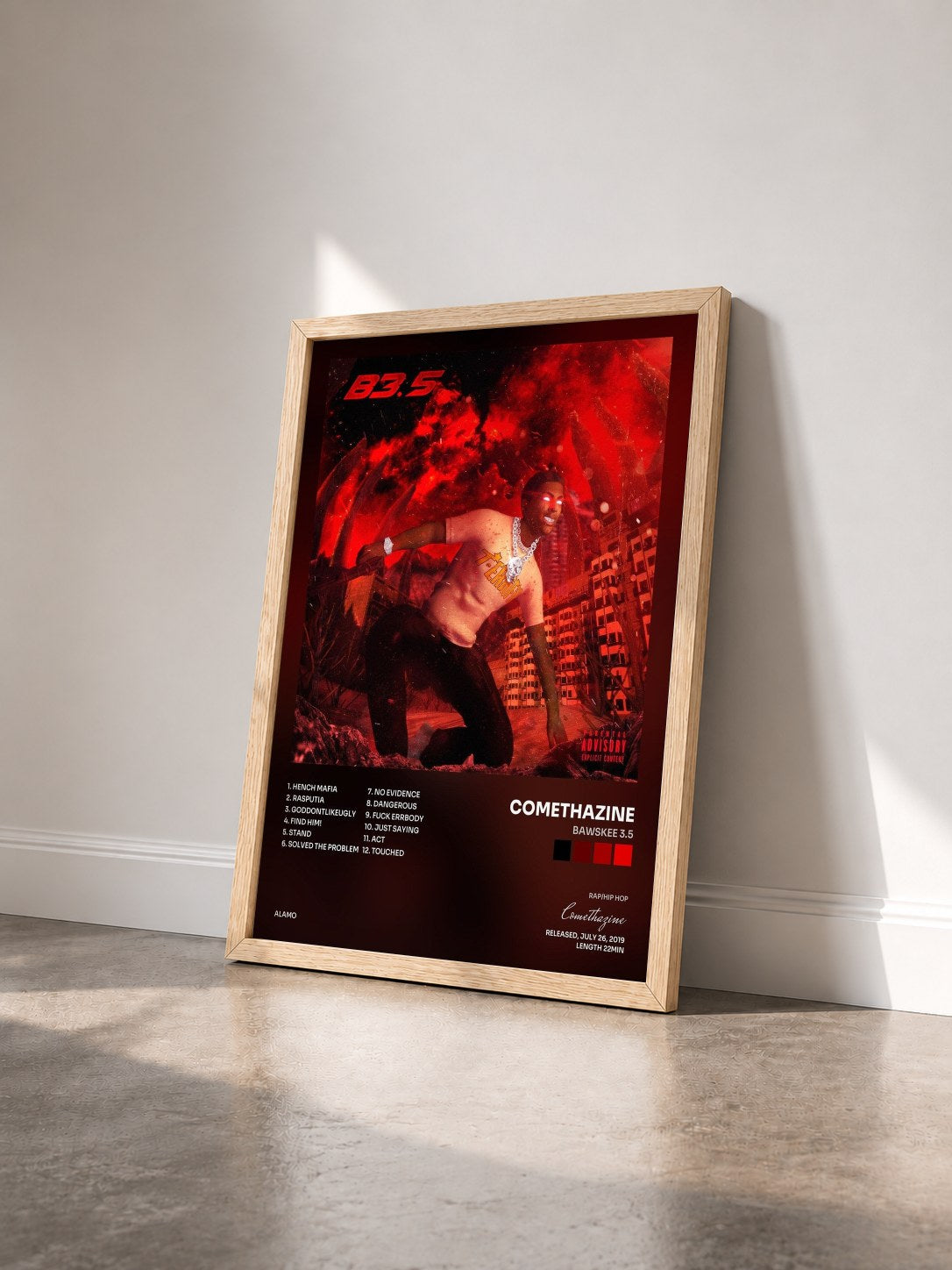 #bois Tableau de l'album BAWSKEE 3.5 de Comethazine vu de trois quarts, cadre en bois brut