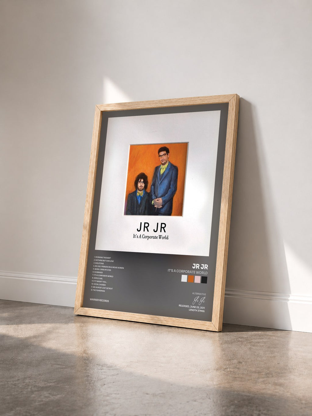 #bois Tableau de l'album It's a Corporate World de Jr Jr vu de trois quarts, cadre en bois brut