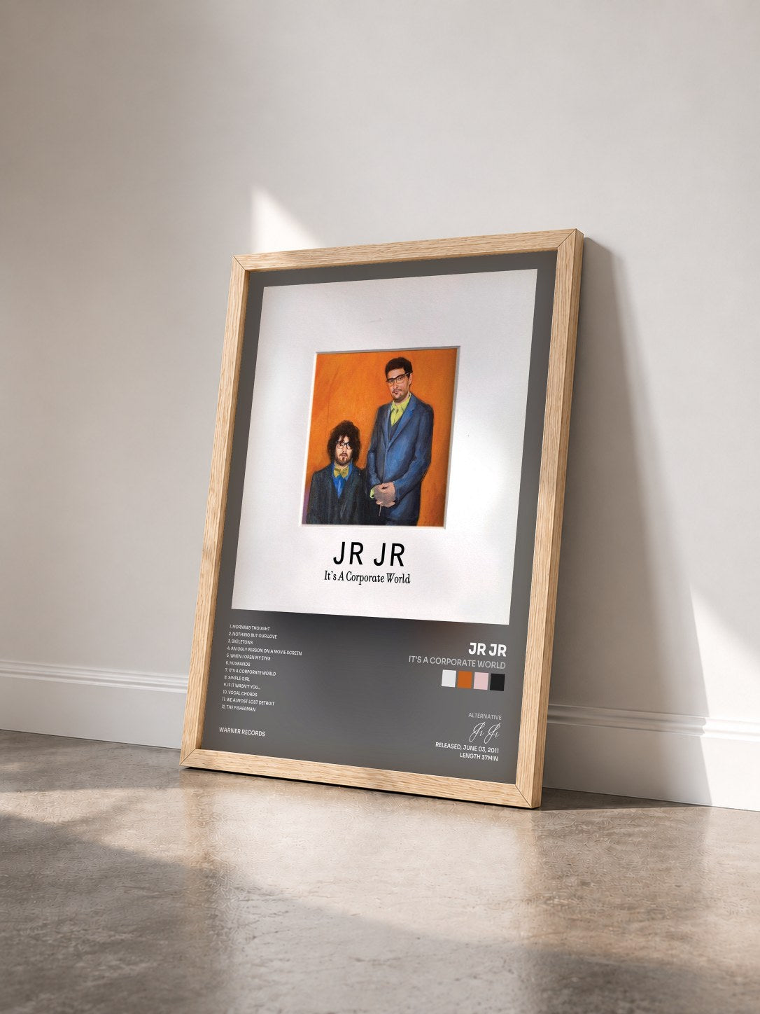 #bois Tableau de l'album It's a Corporate World de Jr Jr vu de trois quarts, cadre en bois brut