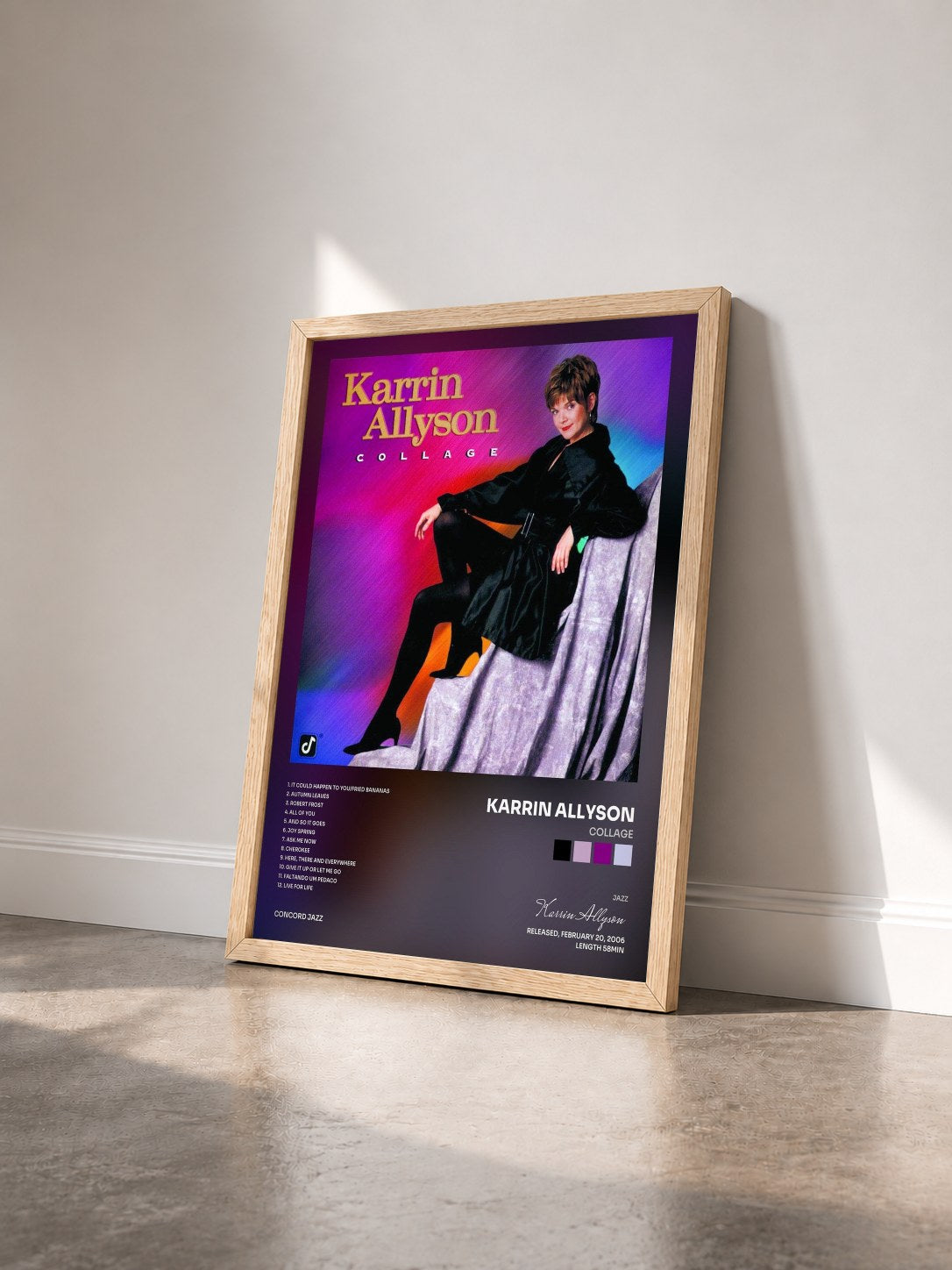 #bois Tableau de l'album Collage de Karrin Allyson vu de trois quarts, cadre en bois brut