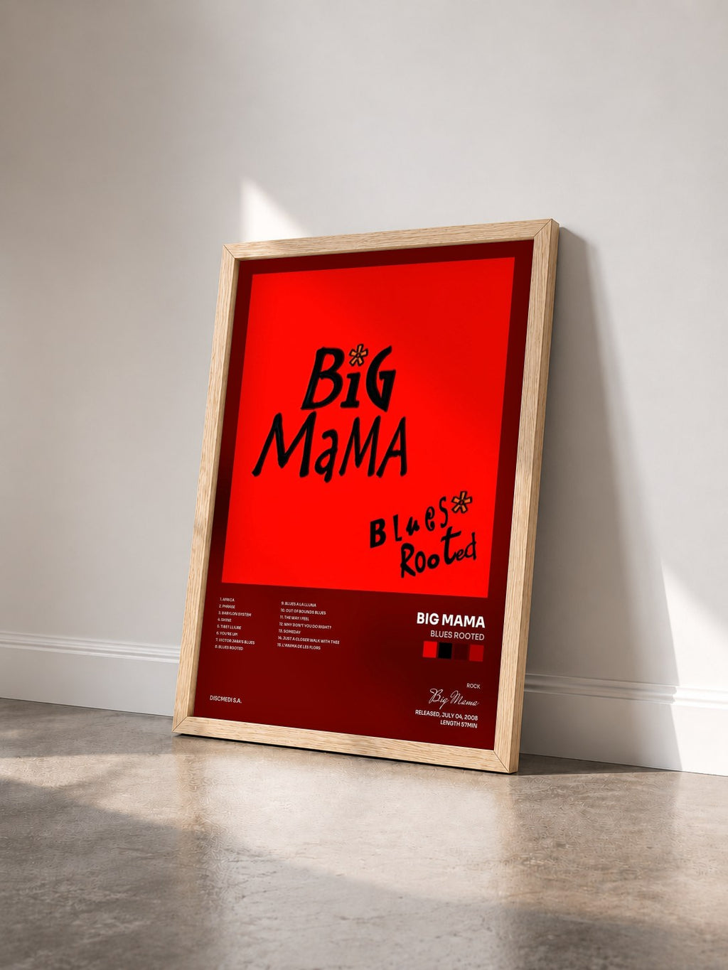#bois Tableau de l'album Blues Rooted de Big Mama vu de trois quarts, cadre en bois brut