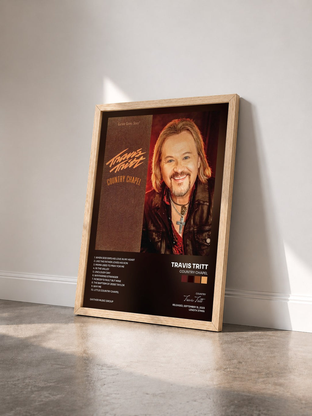 #bois Tableau de l'album Country Chapel de Travis Tritt vu de trois quarts, cadre en bois brut