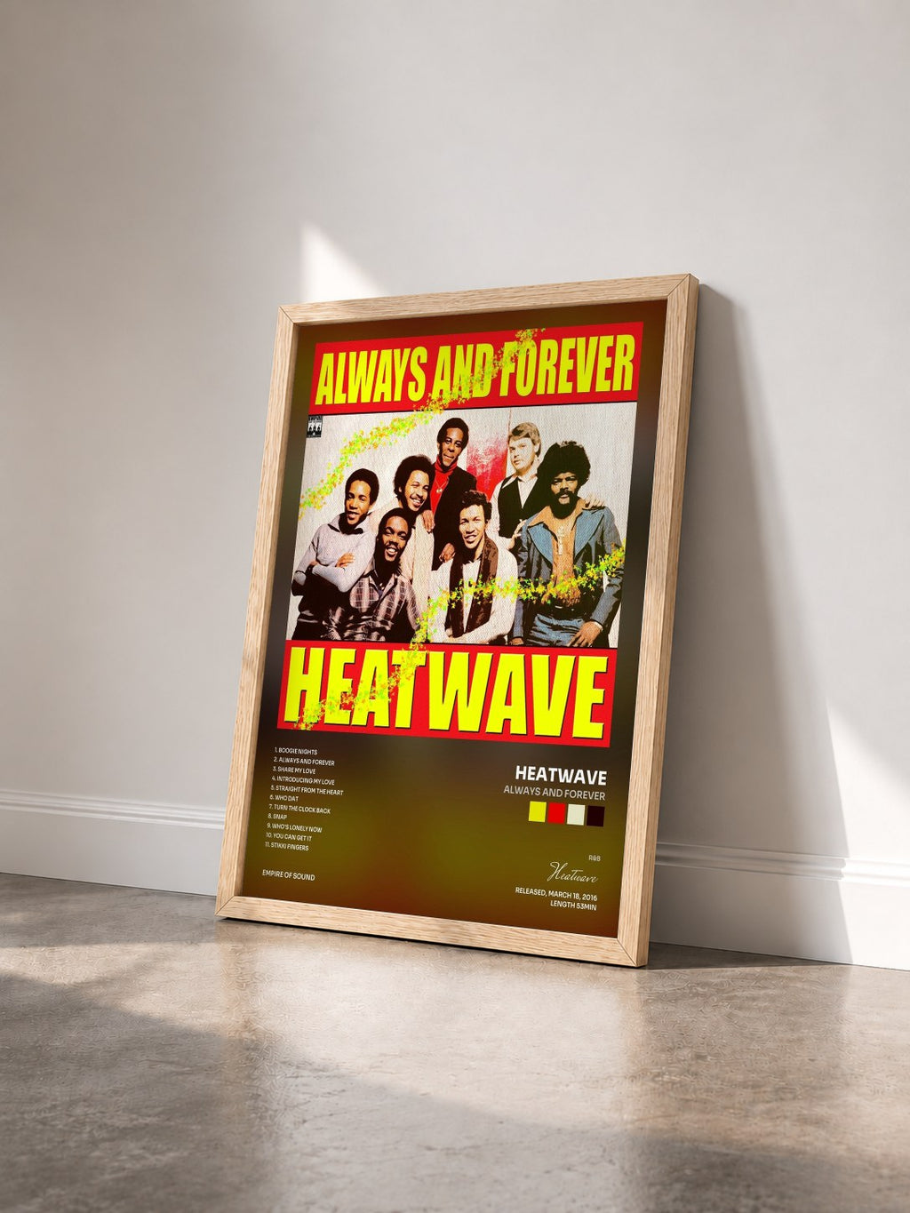 #bois Tableau de l'album Always and Forever de Heatwave vu de trois quarts, cadre en bois brut