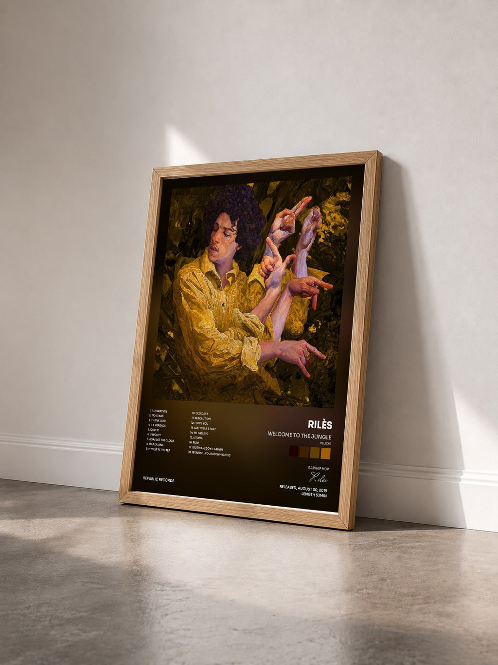 #bois Tableau de l'album WELCOME TO THE JUNGLE (Deluxe) de Rilès vu de trois quarts, cadre en bois brut