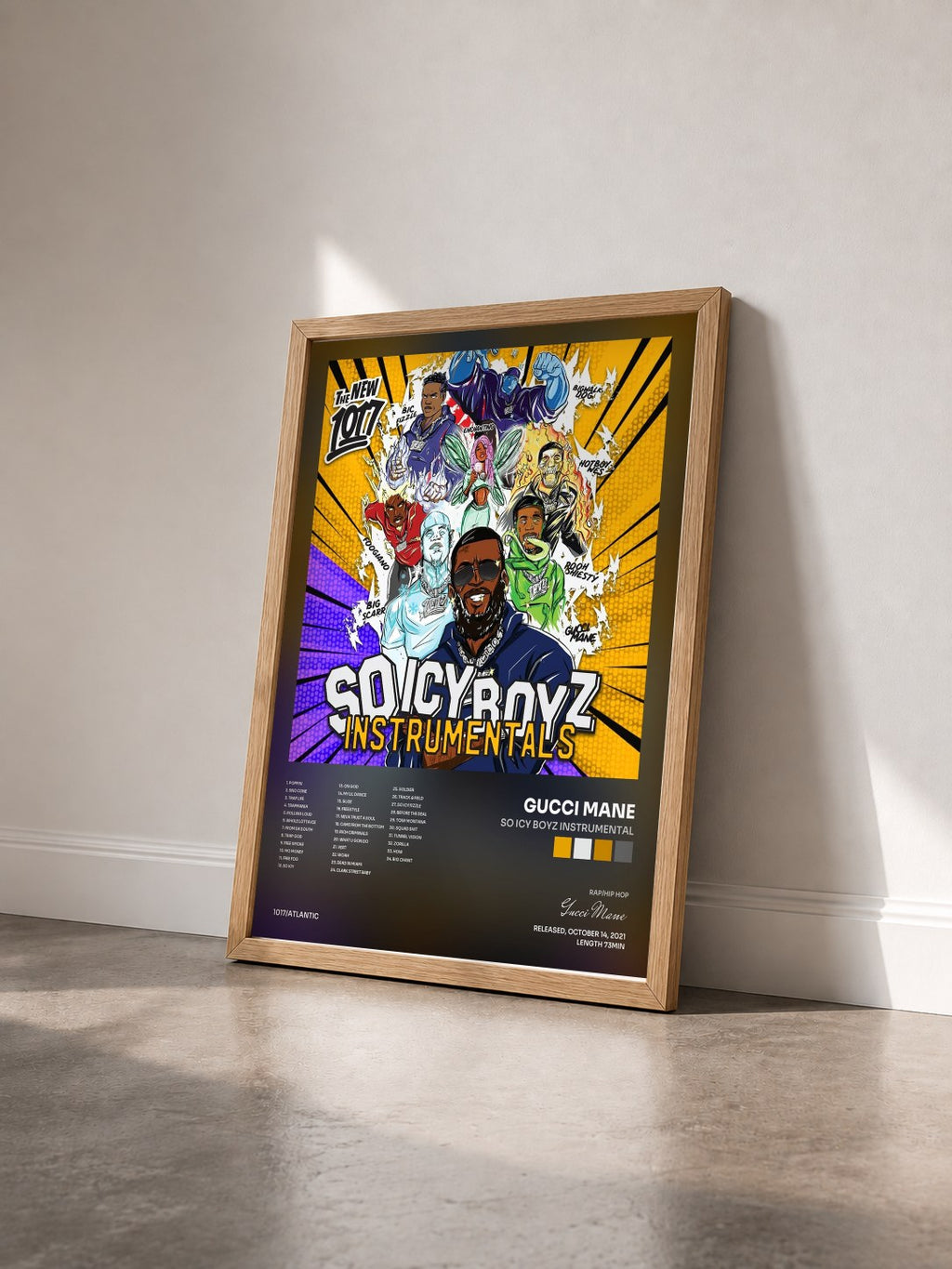 #bois Tableau de l'album So Icy Boyz Instrumental de Gucci Mane vu de trois quarts, cadre en bois brut
