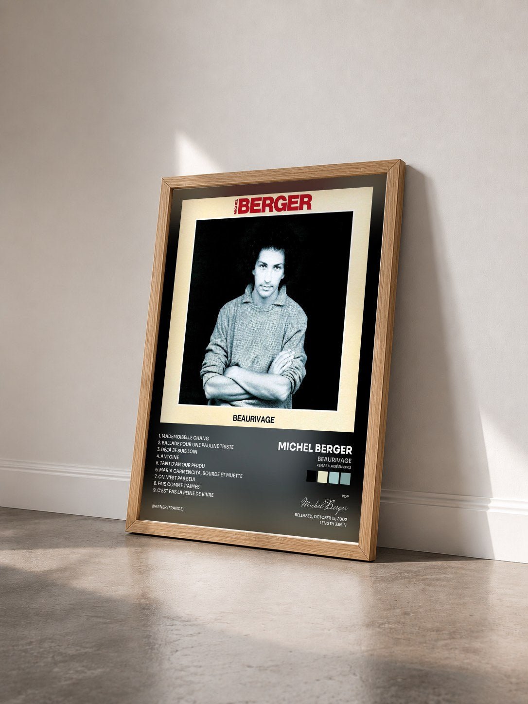 #bois Tableau de l'album Beaurivage (Remasterisé en 2002) de Michel Berger vu de trois quarts, cadre en bois brut