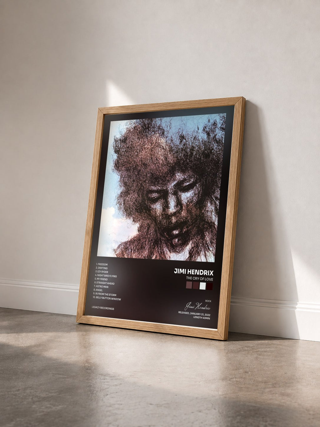 #bois Tableau de l'album The Cry of Love de Jimi Hendrix vu de trois quarts, cadre en bois brut
