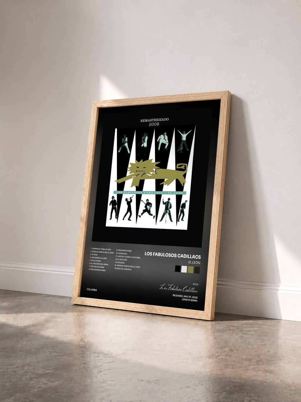 #bois Tableau de l'album El León de Los Fabulosos Cadillacs vu de trois quarts, cadre en bois brut