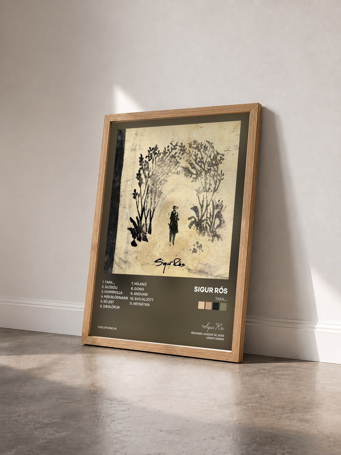 #bois Tableau de l'album Takk... de Sigur Rós vu de trois quarts, cadre en bois brut