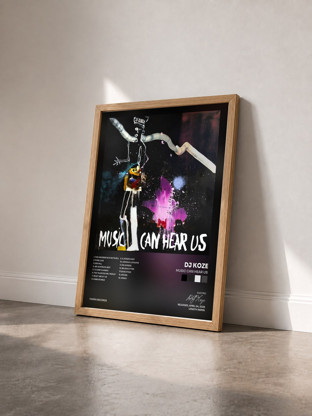 #bois Tableau de l'album Music Can Hear Us de DJ Koze vu de trois quarts, cadre en bois brut