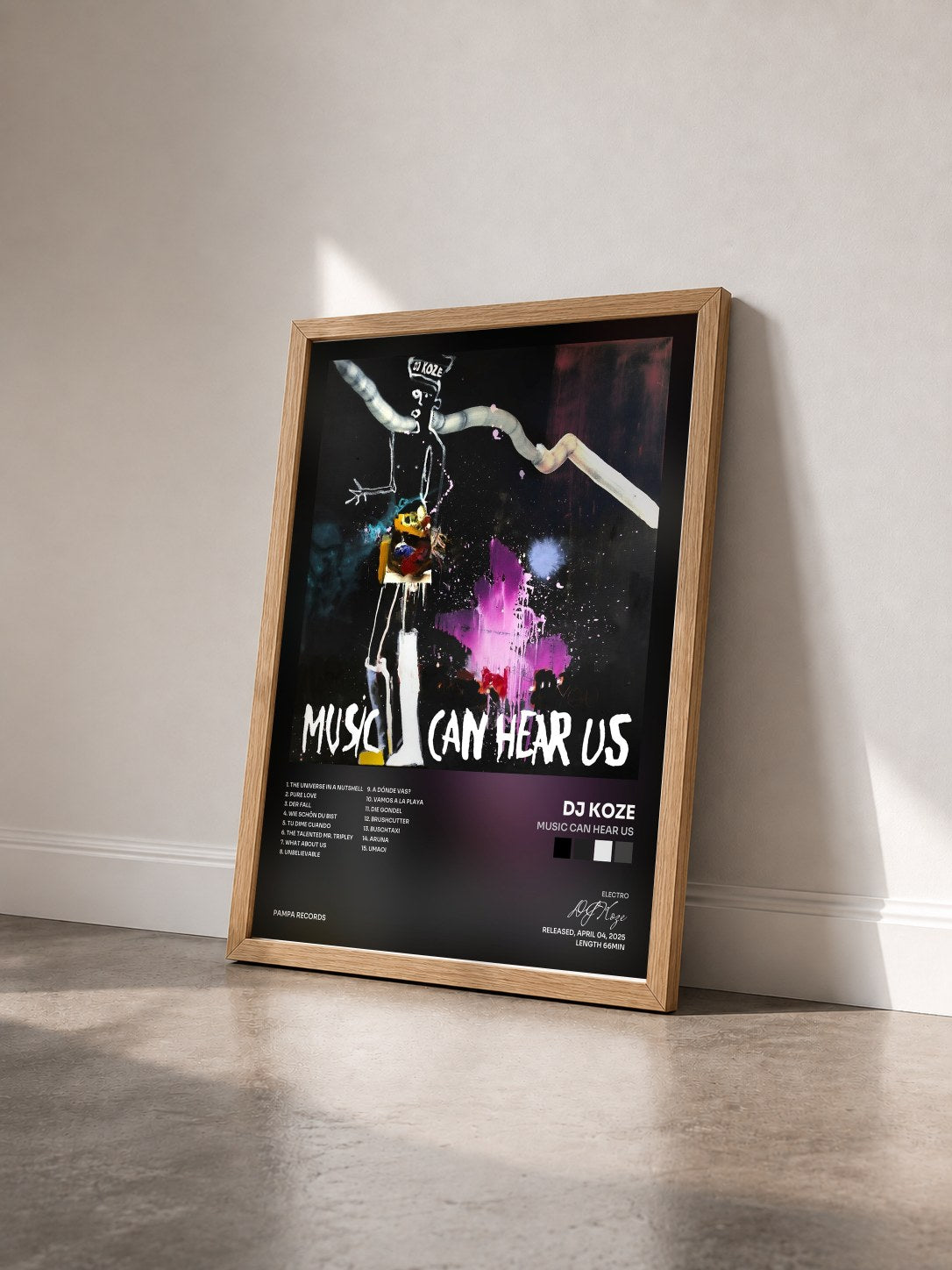 #bois Tableau de l'album Music Can Hear Us de DJ Koze vu de trois quarts, cadre en bois brut