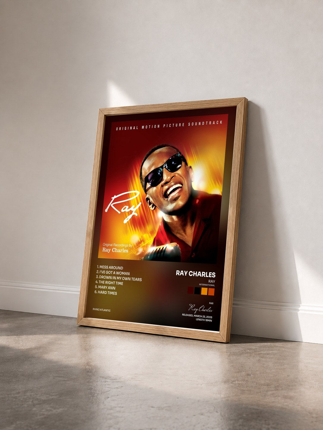 #bois Tableau de l'album Ray (International) de Ray Charles vu de trois quarts, cadre en bois brut