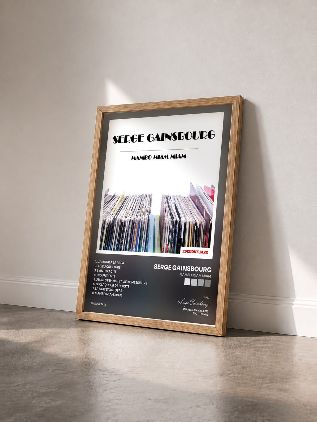 #bois Tableau de l'album Mambo Miam Miam de Serge Gainsbourg vu de trois quarts, cadre en bois brut