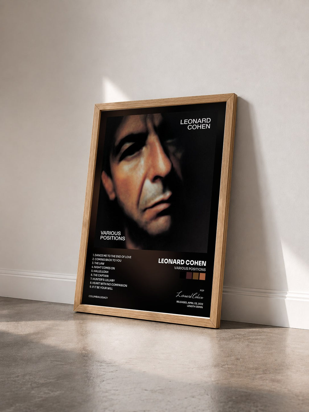 #bois Tableau de l'album Various Positions de Leonard Cohen vu de trois quarts, cadre en bois brut