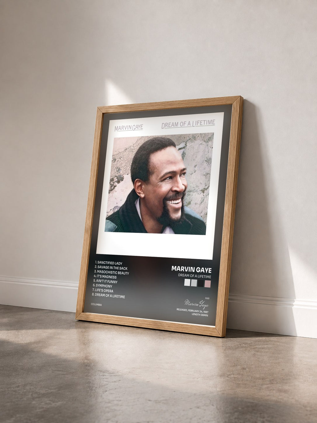 #bois Tableau de l'album Dream Of A Lifetime de Marvin Gaye vu de trois quarts, cadre en bois brut