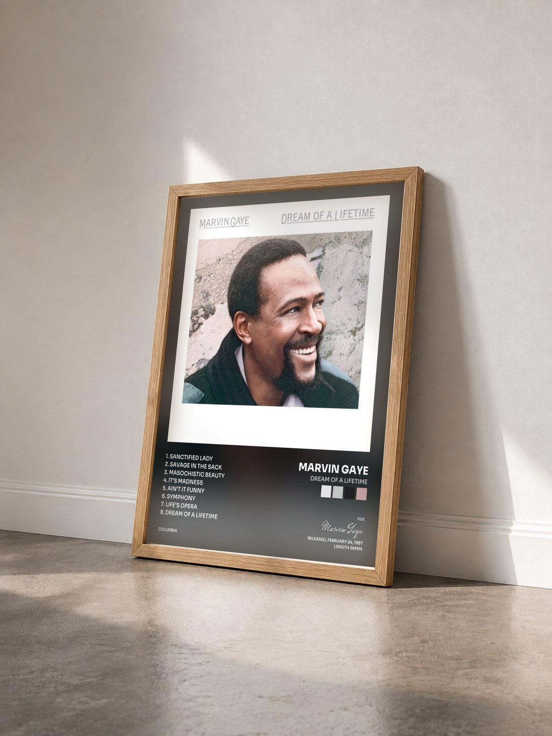 #bois Tableau de l'album Dream Of A Lifetime de Marvin Gaye vu de trois quarts, cadre en bois brut